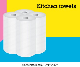 four kitchen towels rolls on the multicolor background. Can be used as a template for advertising