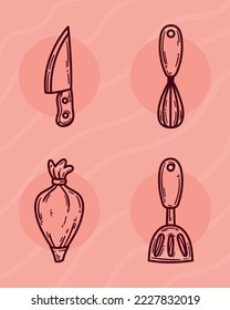 four kitchen utensils set icons