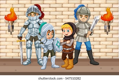 Cuatro caballeros parados cerca de la ilustración de la pared