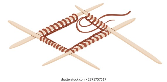 Four knitting needles with yarn. A set of loops for knitting a sock or glove. Vector illustration for home craft stores and postcard design. World Knitting Day in Public Places.