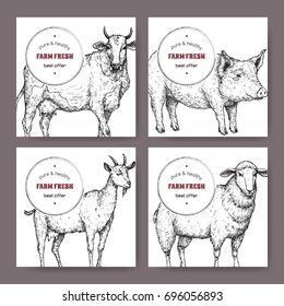 Four labels with hand drawn farm animals sketches. Great for organic store, farming, market or grocery design.