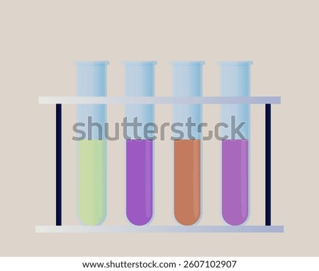 Four laboratory test tubes filled with colorful liquids in a rack, flat graphic style on a light background. Concept of chemistry and scientific research. Vector illustration