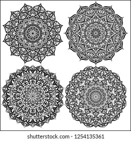 Four lace patterns on a white background in black colors