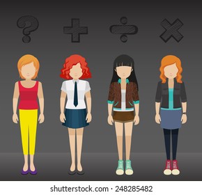 Four ladies with mathematical operations on a gray background