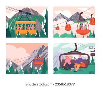 Four landscape cableway color concept set sightseeing tours mountain climbing and ski slopes vector illustration