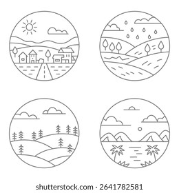 Four landscape scenes in circular outline design isolated on white