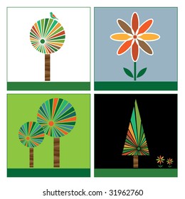 four landscape square with trees, flowers and bird