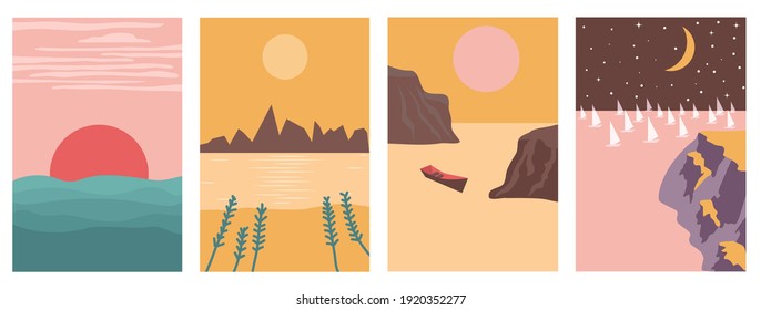 Four Landscapes set in boho minimal style vector illustration