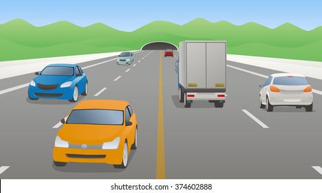 four lanes road and various vehicles, opposite lane, mountains and tunnel, vector illustration