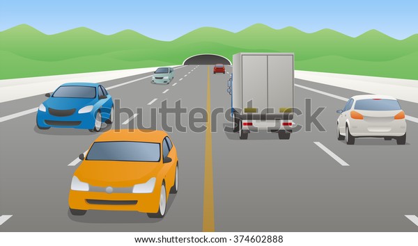 four lanes road and various\
vehicles, opposite lane, mountains and tunnel, vector\
illustration