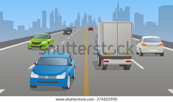 four lanes road and various vehicles,
opposite lane, vector
illustration