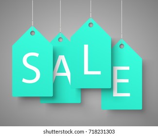 Four large blue tags with the word sale. Vector illustration