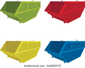 Four large containers for garbage or other, in different colors. Isolated, without background. Vector graphics.