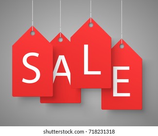 Four large orange tags with the word sale. Vector illustration