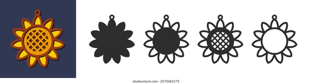 Four layered design with sunflower for earrings, pendant or keychain. Jewelry silhouette cut template. Laser cutting with leather, wood or metal. Vector illustration file