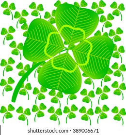 A four leaf clover among three-petal flowers. A happy flower. St. Patrick's day symbol. Vector illustration. 