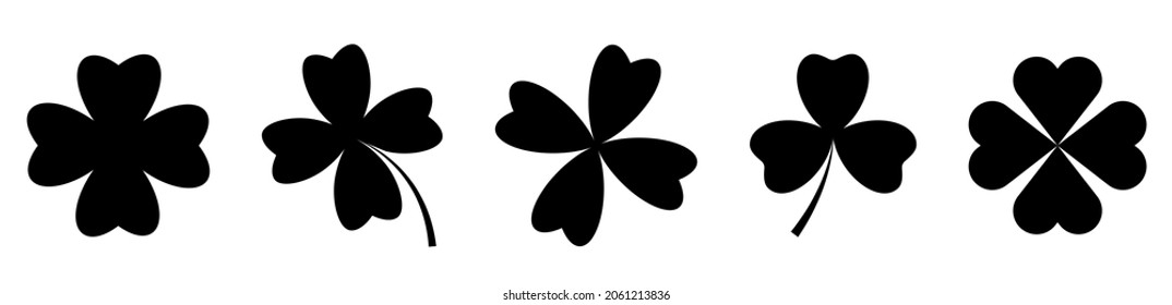 Four leaf clover black icons. Shamrock symbol. Design for web and mobile app. Vector illustration