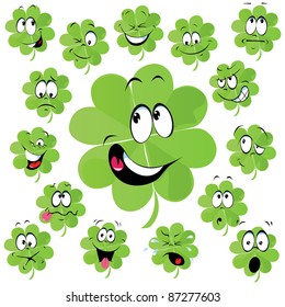 Four leaf clover cartoon with many facial expression - symbol of happiness