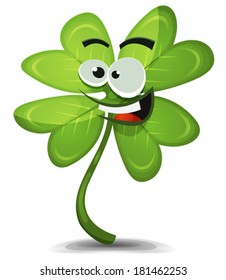 Four Leaf Clover Character/ Illustration of a cartoon funny four leaf clover character, for irish st. patrick's holidays and lucky wishes