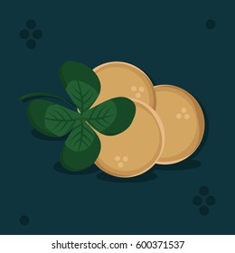 Four leaf clover and coins - vector illustration