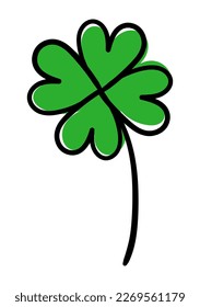 Four leaf clover doodle. Black outline and green silhouette shamrock. Hand drawn St. Patric's day symbol. Vector illustration isolated on white background