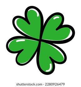 Vierblättriger Kleeblatt. Schwarzer Umriss und grüner Silhouette-Shamrock. Handgezeichnetes Tagessymbol von St. Patric. Vektorgrafik einzeln auf transparentem Hintergrund