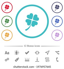 Four leaf clover flat color icons in circle shape outlines. 12 bonus icons included.