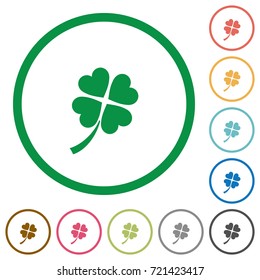 Four leaf clover flat color icons in round outlines on white background