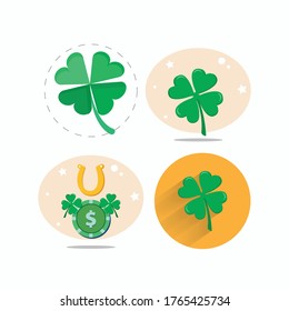 four leaf clover flat icon set with long shadow. clover leaf with horse shoe