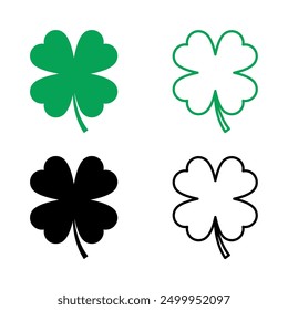 Four leaf clover flat vector icon set. Clover sign and symbol. Four leaf clover flower simple vector illustrations.