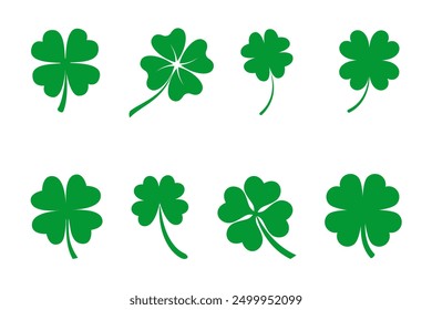 Four leaf clover flat vector icon set. Clover sign and symbol. Four leaf clover flower simple vector illustrations.