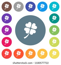Four leaf clover flat white icons on round color backgrounds. 17 background color variations are included.