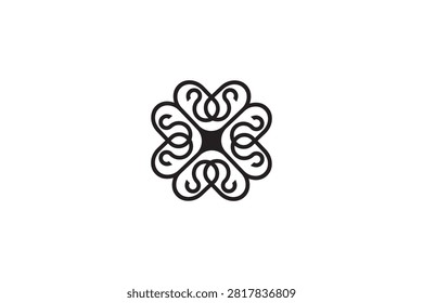 Four Leaf Clover Floral Pattern Black Tile Insignia Symmetrical Botanical Wellness Boutique Graphic