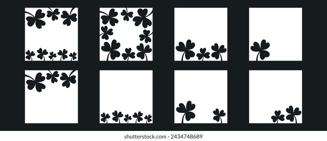 Four leaf clover flower frame for Saint Patrick day - good lucky symbol. Vector stock minimalism illustration isolated on black background for design template social media. Editable stroke. EPS10