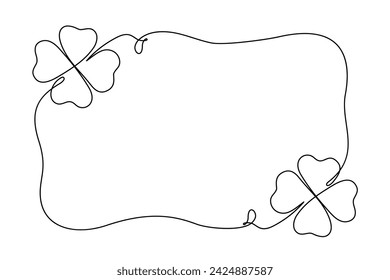 Four leaf clover frame single line drawing. Black and white Saint Patrick's Day minimal shamrock background. Vector illustration.