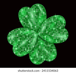 Four leaf clover green round sequins on a black background. Festive glitter luck symbol St. Patrick's Day decor
