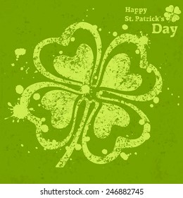 Four leaf clover grunge on green, vector illustration for St. Patrick's day 