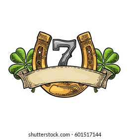 Four leaf clover, horseshoe, number seven and ribbon. Vintage vector color engraving illustration for info graphic, poster, web. Isolated on white background.