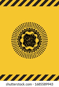 four leaf clover icon black grunge emblem inside yellow warning sign. Vector Illustration. Detailed.