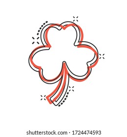 Four leaf clover icon in comic style. St Patricks Day cartoon vector illustration on white isolated background. Flower shape splash effect business concept.