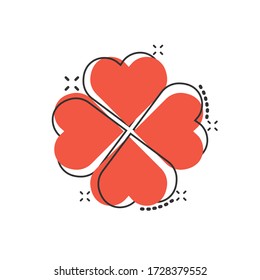 Four leaf clover icon in comic style. St Patricks Day cartoon vector illustration on white isolated background. Flower shape splash effect business concept.