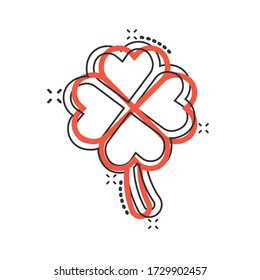Four leaf clover icon in comic style. St Patricks Day cartoon vector illustration on white isolated background. Flower shape splash effect business concept.