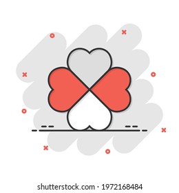 Four leaf clover icon in comic style. St Patricks Day cartoon vector illustration on white isolated background. Flower shape splash effect business concept.