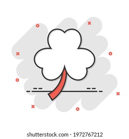 Four leaf clover icon in comic style. St Patricks Day cartoon vector illustration on white isolated background. Flower shape splash effect business concept.