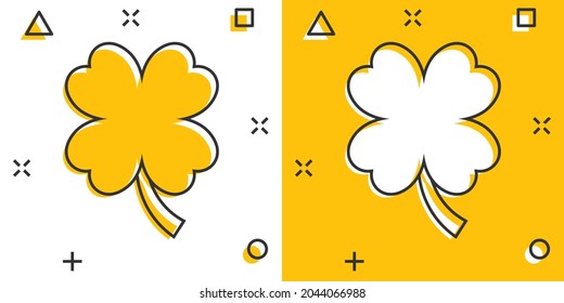 Four leaf clover icon in comic style. St Patricks Day cartoon vector illustration on white isolated background. Flower shape splash effect business concept.