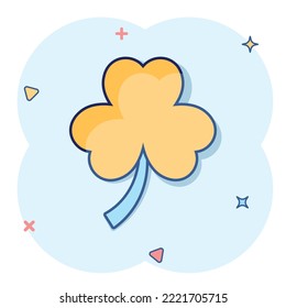 Four leaf clover icon in comic style. St Patricks Day cartoon vector illustration on white isolated background. Flower shape splash effect business concept.