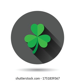 Four leaf clover icon in flat style. St Patricks Day vector illustration on black round background with long shadow effect. Flower shape circle button business concept.