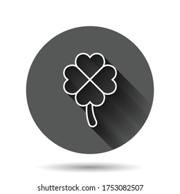 Four leaf clover icon in flat style. St Patricks Day vector illustration on black round background with long shadow effect. Flower shape circle button business concept.