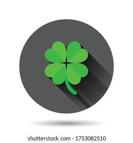 Four leaf clover icon in flat style. St Patricks Day vector illustration on black round background with long shadow effect. Flower shape circle button business concept.