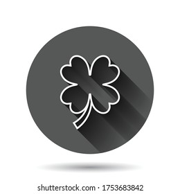 Four leaf clover icon in flat style. St Patricks Day vector illustration on black round background with long shadow effect. Flower shape circle button business concept.